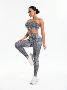 SHEIN Sports 2 件套蛇皮印花吊带背心和高腰塑身紧身裤运动服健身女士套装 - 黑與白 - 查看 4