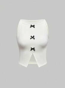 ROMWE Kawaii Women's Summer Casual Basic Ribbed Bow Strap Shorts Pajama Set - White - View 7