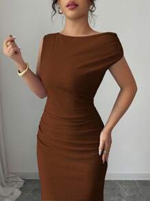 Elenzga 女士优雅浪漫不对称肩部纯色腰部修身连衣裙