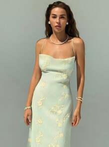 Aloruh 全新复古绿色花卉提花刺绣浪漫度假修身连衣裙，适合海滩度假，淡绿色茶长连衣裙 - 綠色 - 查看 7