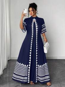 Elenzga Halloween Plus Size Women Geometric Print 3/4 Sleeve 2 In 1 Dress