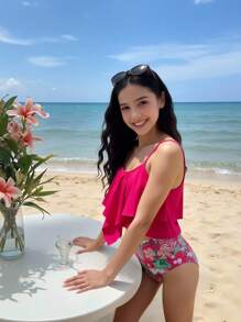 Teen Girls Ruffles Trim Tankini Swimsuit Set For Beach Vacation - Multicolor - View 3