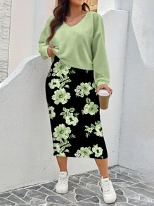 SHEIN LUNE Plus Size Women Floral Print V-Neck Short Sweatshirt & Dress 2 Pieces Set, Casual For Autumn/Winter,Holiday Outfits