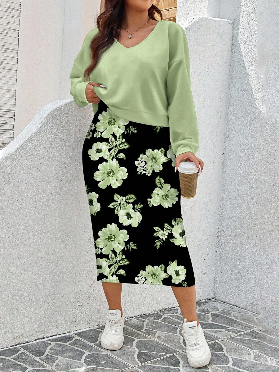 SHEIN LUNE Plus Size Women Floral Print V-Neck Short Sweatshirt & Dress 2 Pieces Set, Casual For Autumn/Winter,Holiday Outfits