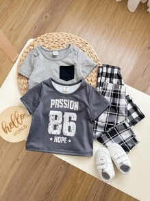 4Pcs Baby Boy Casual Set - Minimalist Letter & Plaid Pattern Round Neck Short Sleeve Top And Loose Pants, Spring/Summer Pajamas Graphic