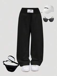 SHEIN Young Girl Letter Patched Detail High Waist Casual Wide Leg Baggy Sweatpants,Comfortable Simple Loose Fit Wide-Leg Pants,Great For Casual & Daily Wear & School Daily Autumn & Winter, Girls Black Sweatpants. Girls Loose Pants Fall - Black - View 4