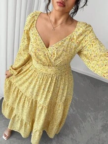 Elenzga 随机碎花，加大码女装畅销面料，黄色底色和小花图案，长袖超长蛋糕裙，修身版型，适合度假、花园派对、约会，舒适的面料，风格独特 - 黃色 - 查看 7