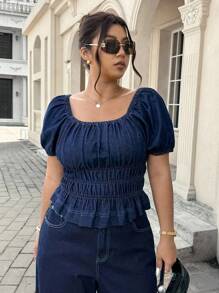 SHEIN ICON Plus Size Women Ruched Square Neckline Short Puff Sleeve Fashionable Blouse