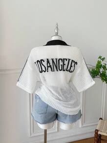 Comfortcana Plus Size Women Casual Numeric Pattern Contrast Color Lapel Drop Shoulder Loose Hollow Out Knit Top,Back To School - Black and White - View 2