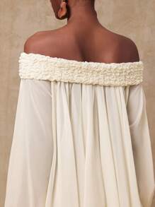 Lumalex VITNOS 秋夏假期 BOHO 女式纯色露肩灯笼袖荷叶边下摆宽松时尚衬衫露肩夏季上衣流苏上衣长袖露肩上衣