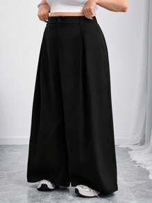 SHEIN CURVE+ Curve 大码/秋装/秋季女装/女冬装/冬装大码女式纯色纽扣休闲阔腿裤西装裤，女秋装女秋装，冬季，CURVE PLUS - 黑色 - 查看 5