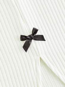 ROMWE Kawaii Women's Summer Casual Basic Ribbed Bow Strap Shorts Pajama Set - White - View 2