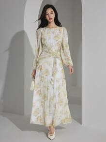 Modelyn 女士花卉印花褶饰圆领灯笼袖优雅中长连衣裙