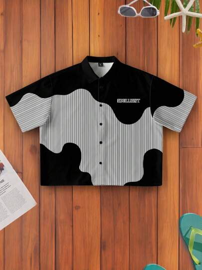 Manfinity Chillmode Men's Summer Casual American Street Style Patchwork Striped & Letter Print Short Sleeve Shirt Men Cropped Graphic Shirt Cropped Button Up Shirt