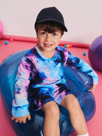 SHEIN 2件套年轻男孩宽松休闲舒适圆领长袖运动衫和短裤套装