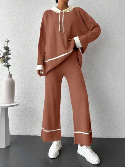 SHEIN Women's Casual Contrast Color Drop Shoulder Loose Drawstring Hoodie Sweater And Wide Leg Pants 2 Pieces Set, Autumn,Petite,Winter Clothes