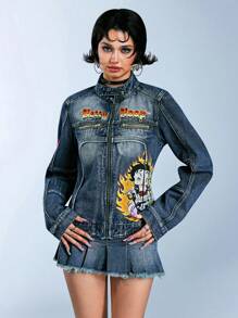 Betty Boop | ROMWE Chaqueta y abrigo de mujer retro desgastado de estilo vintage para motero, columpio Betty - Azul - Ver 6
