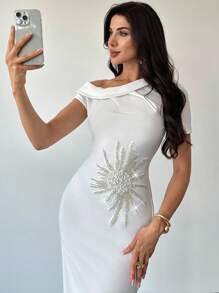 Firerie فستان أبيض كاجوال أنيق للنساء، مزين بالترتر، كتف مكشوف غير متماثل/ملابس نسائية للخريف/ملابس للذهاب إلى العمل/ملابس المعلمات/ملابس للعودة إلى المدرسة/ملابس الطبقة المتوسطة/ملابس كاجوال للعمل/ملابس مكتبية للنساء/ملابس للحفلات البيضاء - الأزرق - مشاهدة 6