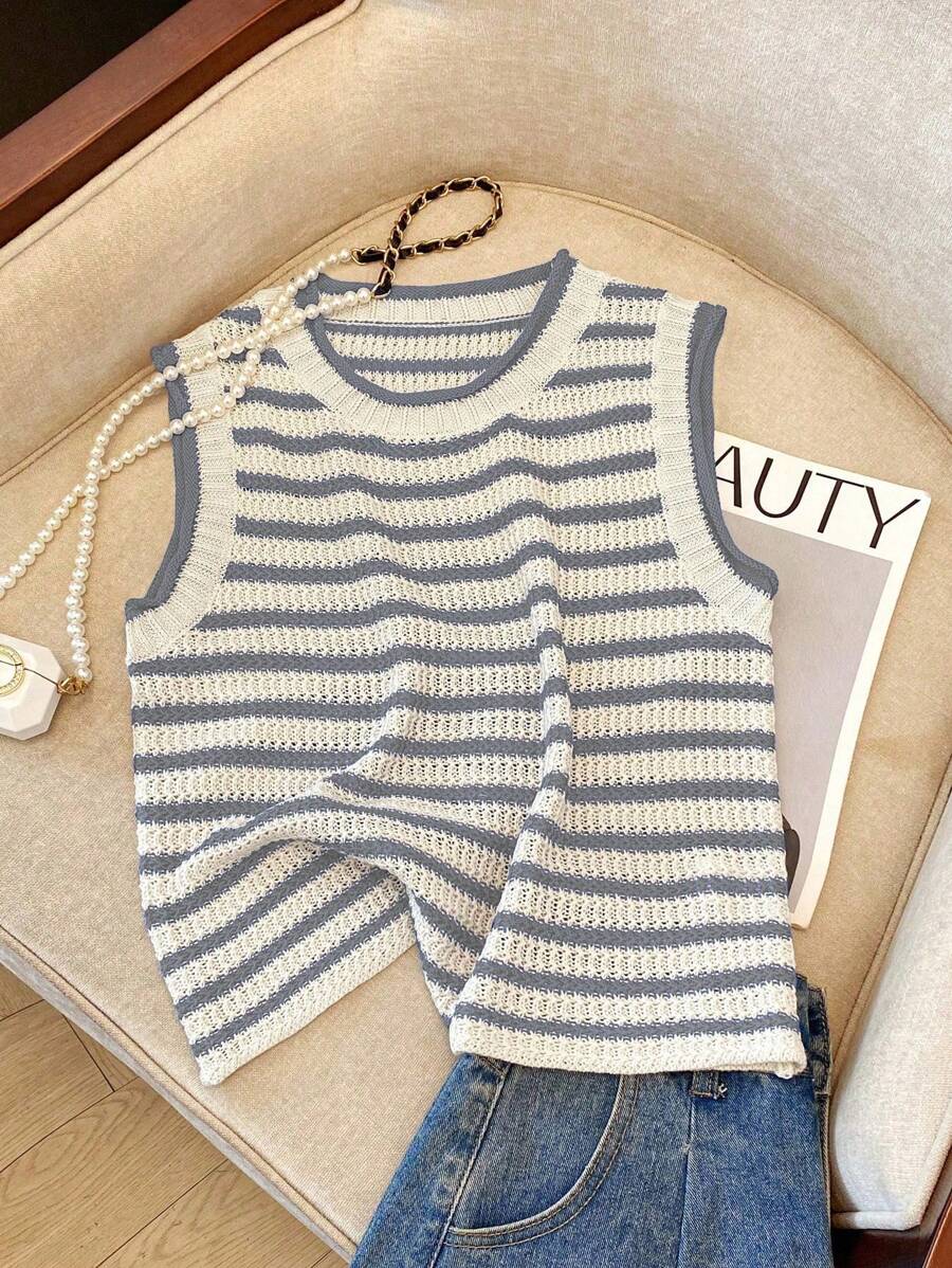 Franclia 新款复古撞色条纹针织背心，独特设计的短款无袖女式毛衣背心，适合大学生的针织衫服装 - 灰色 - 查看 1