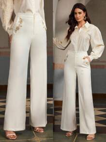 ZEYLAH ELEGANT EMBROIDERED WIDE LEG WHITE CASUAL/BUSINESS WEAR PANTS - White - View 7