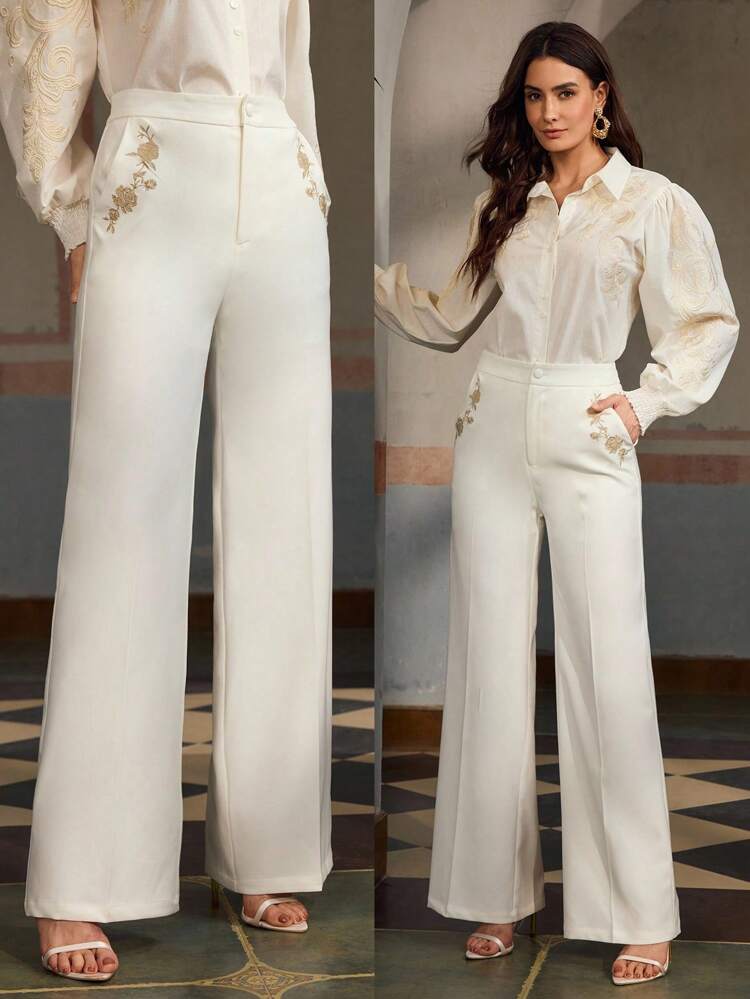 ZEYLAH ELEGANT EMBROIDERED WIDE LEG WHITE CASUAL/BUSINESS WEAR PANTS