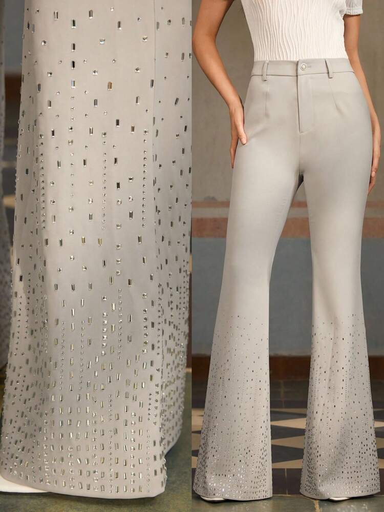 ZEYLAH Pantalones de campana de talle alto, lisos y elegantes, con adornos de strass para mujeres