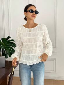 Serisse Áo kiểu nữ màu trơn cổ tròn tay phồng xếp ly, áo kiểu Pháp cổ tròn nhún bèo, áo voan dài tay dáng rộng xếp nếp, thanh lịch mùa thu, áo kiểu nữ sang trọng, áo sơ mi dài tay màu trắng, áo kiểu thêu lỗ cho nữ, áo voan chiffon phối ren màu mơ thanh lịch cho nữ mùa thu/đông, áo trắng, áo tốt nghiệp, áo giáo viên, áo đi học, áo kiểu nữ thanh lịch, B2 phong cách thường ngày mùa xuân - Màu be - Xem 7