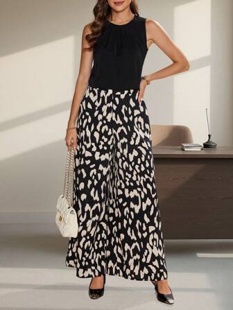 SHEIN Clasi 2-teiliges Set für Damen, eleganter Urlaubskomfort, lose, einfarbiges Top und weite Hose mit Leopardenmuster, Sommer Outfit für Damen aus Chiffon
