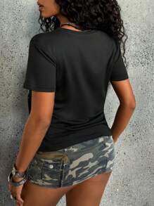 Rovax 夏季休闲短袖 T 恤，带肖像印花图案，女式上衣 - 黑色 - 查看 2