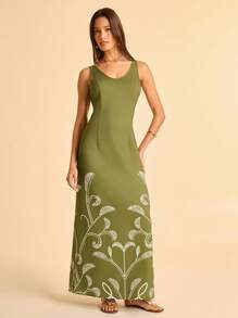 CAJUNI Váy không tay in hoa đính đá màu xanh lá cây dành cho nữ - màu xanh lá - Xem 4