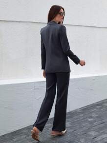 CLARA VERO 女士简约通勤工作服纯色翻领双排扣西装外套和裤子套装 - 黑色 - 查看 2