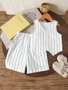 两件套女童夏季条纹V领上衣和阔腿短裤套装，女童夏季服装，女童两件套，女童夏季套装，细条纹套装，女童上衣和短裤套装，女童套装，校服上衣，女童校服，校服上衣，校服上衣 - 彩色 - 查看 3