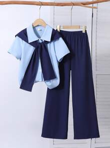 3 件套青少年女孩粉色衬衫搭配玫瑰色披肩和休闲长裤春夏新款韩版休闲装 - 藍色 - 查看 1