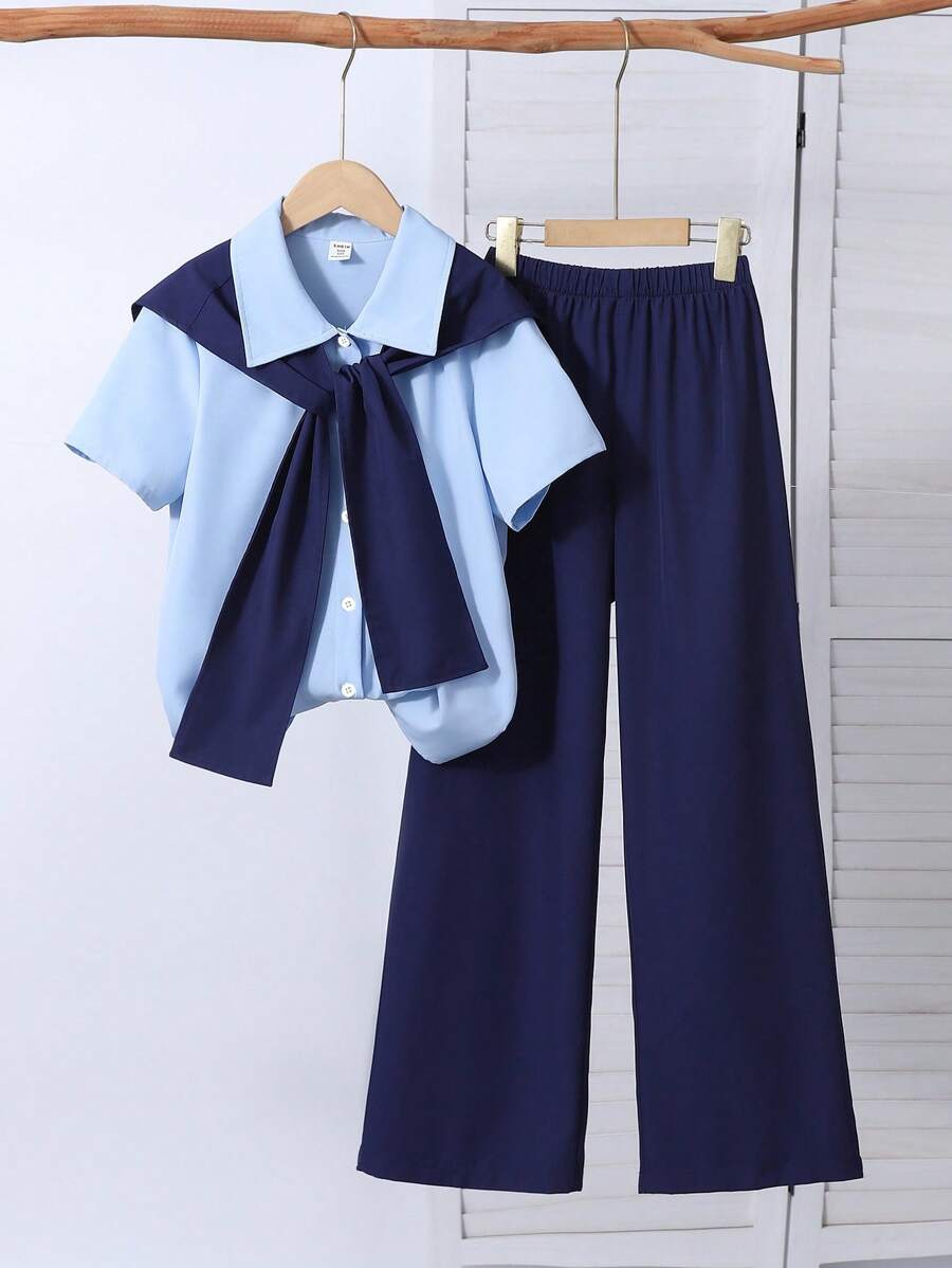 3 件套青少年女孩粉色衬衫搭配玫瑰色披肩和休闲长裤春夏新款韩版休闲装 - 藍色 - 查看 1