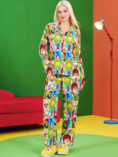 LOONEY TUNES X SHEIN Women's Long Sleeve Top & Long Pants Pajama Set, Cartoon Pattern, Animal Pattern, Comic Grid, Graphic, Cute, Casual, Versatile, Leisure, Daily, Summer & Fall, Fall Clothes