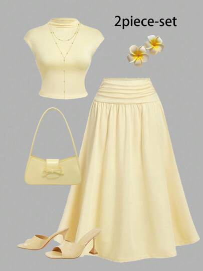 SHEIN MOD Plus Size Pale Yellow 2 Pieces Set, Stand Collar Top & Skirt ,Yellow Skirt Set ,Butter Yellow Set Two Pieces Skirt Set Women Two Pieces Skirt Set Summer Summer Skirt And Top Set,Co Ords Sets Women,Two Pieces Summer Set,Butter Yellow Pastel Yellow Summer Skirt Sets,Christmas, Valentine's Day