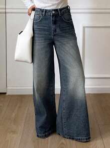 DAZY 女士宽松休闲直筒牛仔裤 - 中等水洗藍 - 查看 3