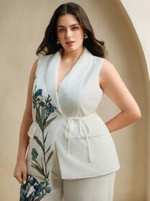 Anewsta Blazer Elegante Sofisticado com Gola Elegante, Amarração na Cintura e Estampa Definida para Mulheres Plus Size - Branco - Visão 3