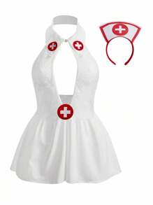 SHEIN Plus Size Sexy Lingerie Set (Dress & Nurse Hat, 2pcs) Floral Lace Costume