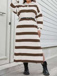 EURMUSE Plus Size Two-Tone Striped Pattern Drop Shoulder Loose Half Zip Up Oversized Sweater Dress - Brown - View 4