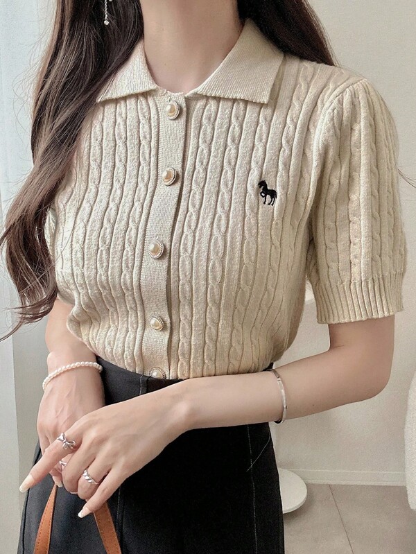 FRIFUL Blusa de cárdigan de ajuste ceñido con mangas cortas y decoración de bordado de color contrastante para mujer