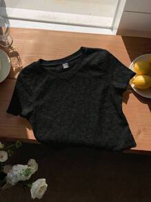 Comfortcana 加大码女式花卉提花圆领短袖休闲T恤，假日女装 - 黑色 - 查看 4