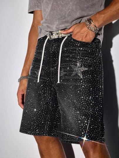 Street Life Short en jean décontracté d'été pour hommes avec cordon de serrage à la taille et décoration de strass