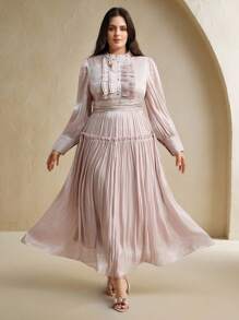 Anewsta Plus Size Women Long Patchwork Ruffle Hem Elegant Versatile Dress - Red Violet - View 3