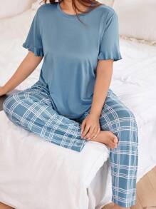 SHEIN 加大码荷叶边格子印花短袖上衣和裤子蕾丝睡衣套装蕾丝睡衣蓝色套装，服装 - 藍色 - 查看 2