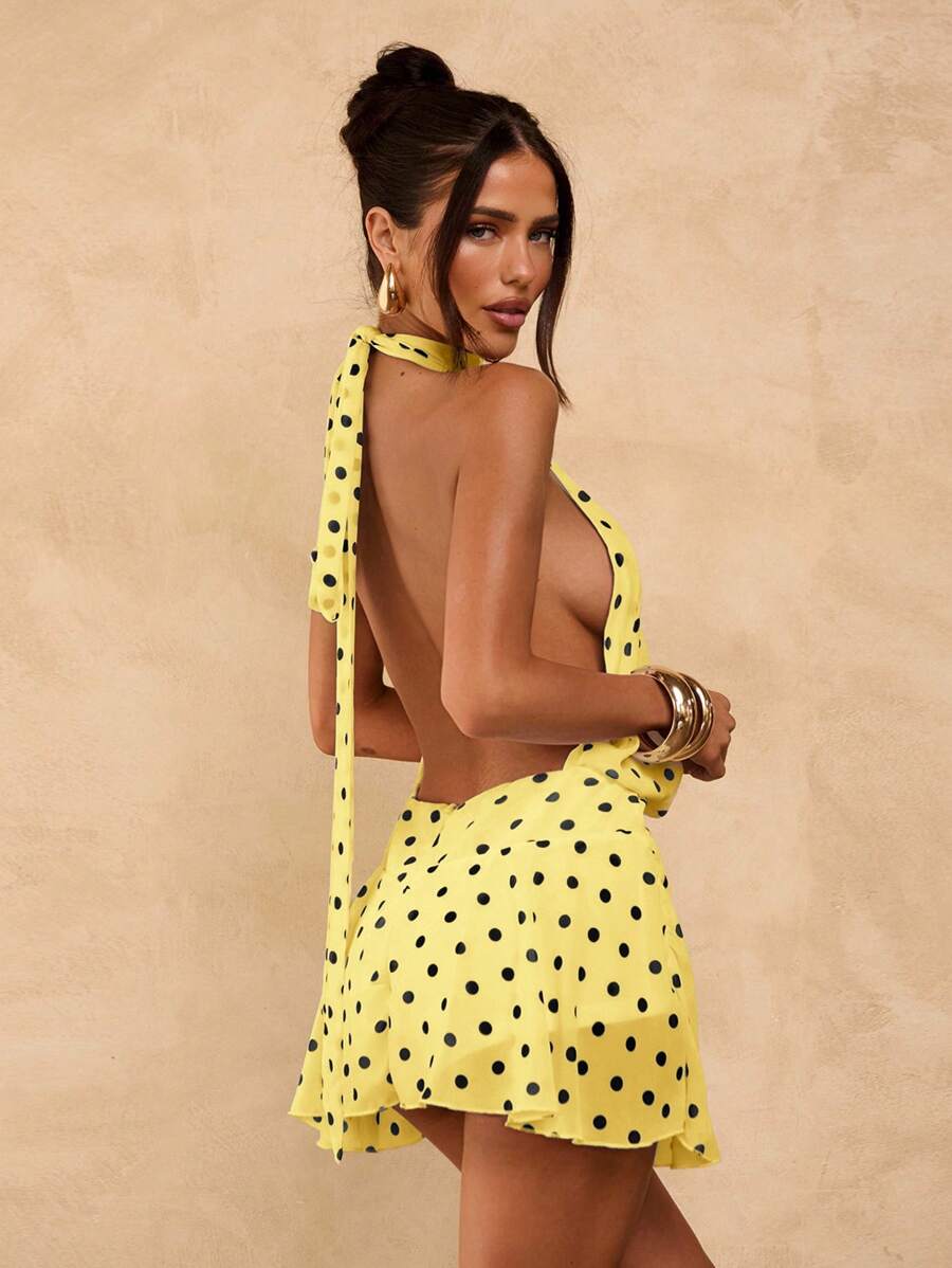 SHEIN BAE 棕色波尔卡圆点露背迷你不对称下摆性感紧身连衣裙，适合音乐节、度假 - 黃色 - 查看 1