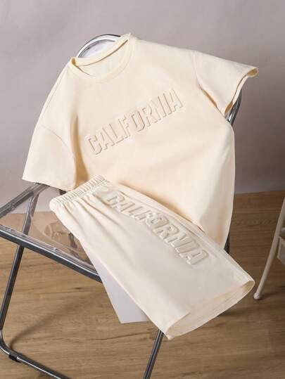 2pcs Teenager Boys Spring/Summer Sky Blue Casual Vacation Fashion Sports Short Sleeve T-Shirt And Shorts Set, 3D Letter Print Minimalist Sports Outfit, Boy Summer Outfit