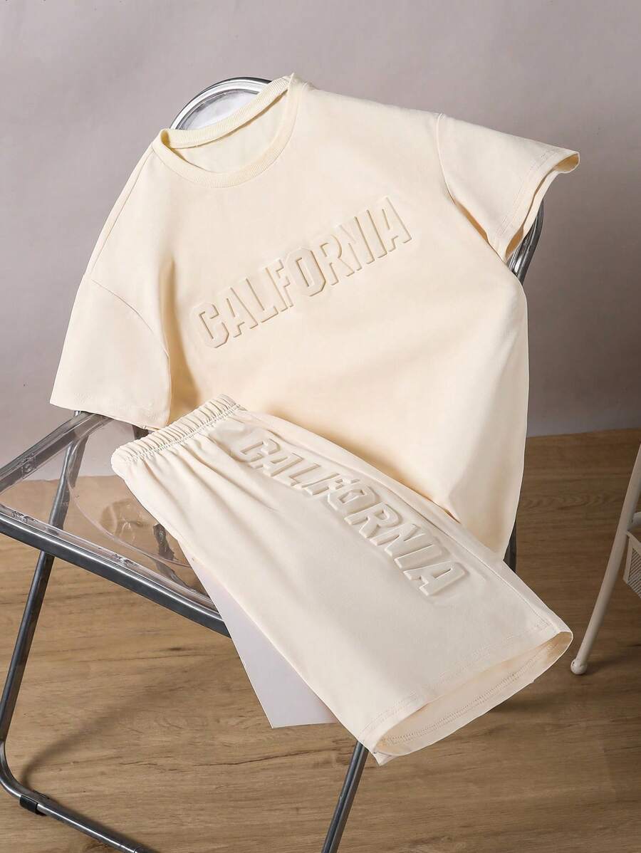 Mirajuku 2pcs Teenager Boys Spring/Summer Sky Blue Casual Vacation Fashion Sports Short Sleeve T-Shirt And Shorts Set, 3D Letter Print Minimalist Sports Outfit, Boy Summer Outfit