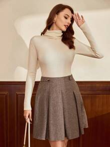 Vintamour 复古经典优雅女裙，修身腰口袋裙，咖啡色短裙，适合夏秋季 - 咖啡棕 - 查看 5