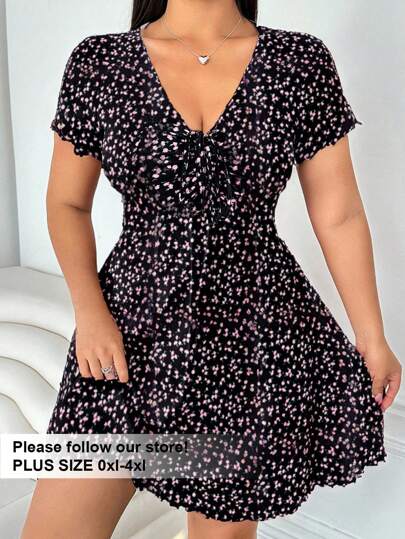 Solflare Plus Size Women Ditsy Floral V-Neck Short Sleeve Tie-Front Casual Dress Short Floral Dress,Summer Dresses For Women,Flowy Dress Valentine's Day Outfit